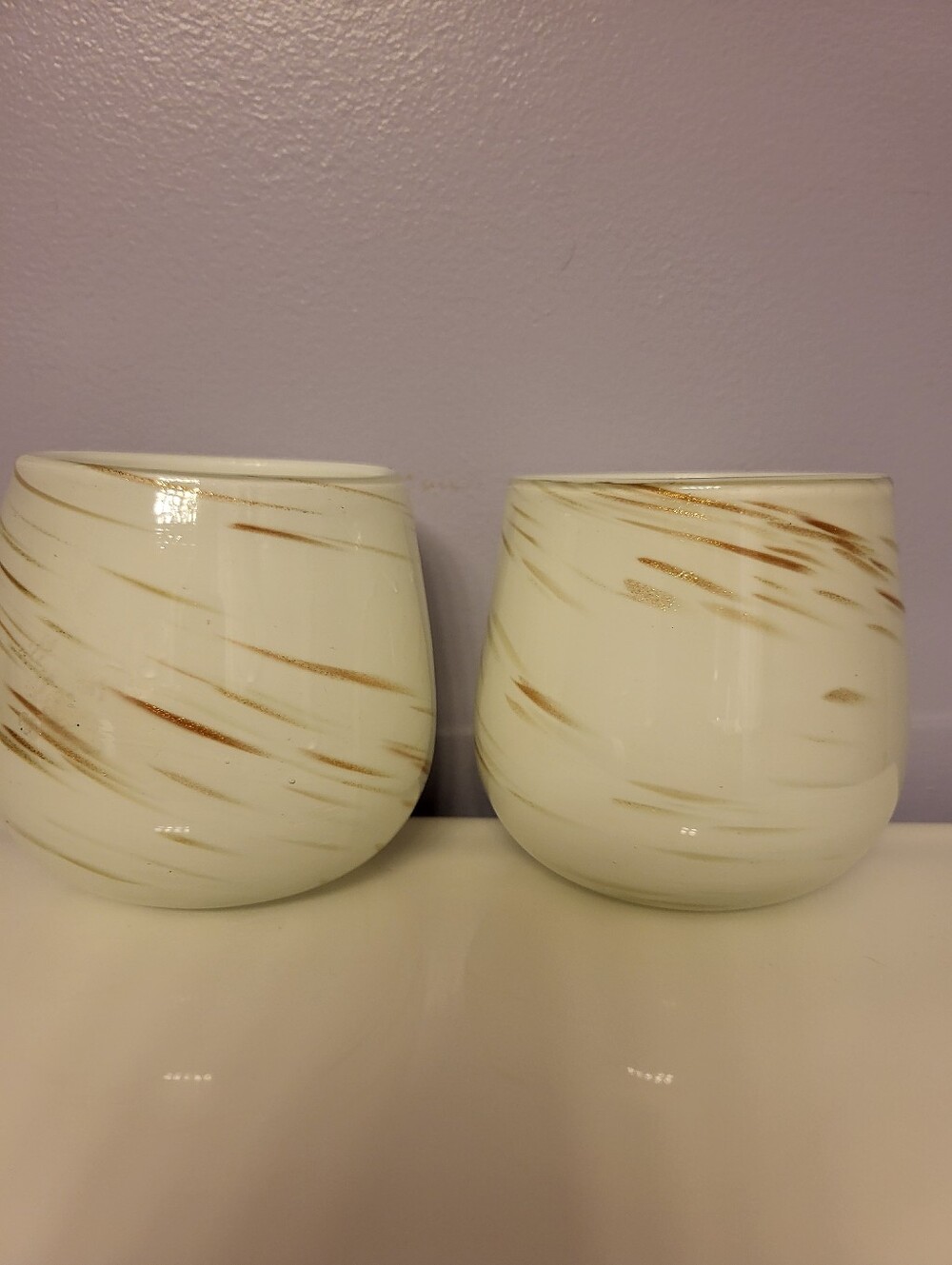 Set of 2 Murano Handblown White Glass Votive Holders with Gold Brushstrokes - Picture 9 of 13